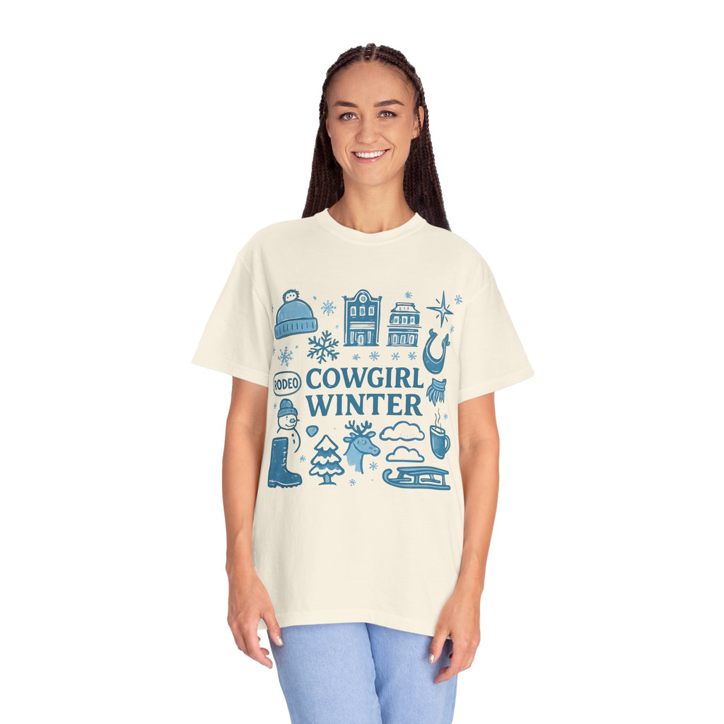Cowgirl Winter T-Shirt, Cozy Graphic Tee, Rodeo Style Shirt, Winter Outing Apparel, Gift for Cowgirls, Vintage Aesthetic Tee