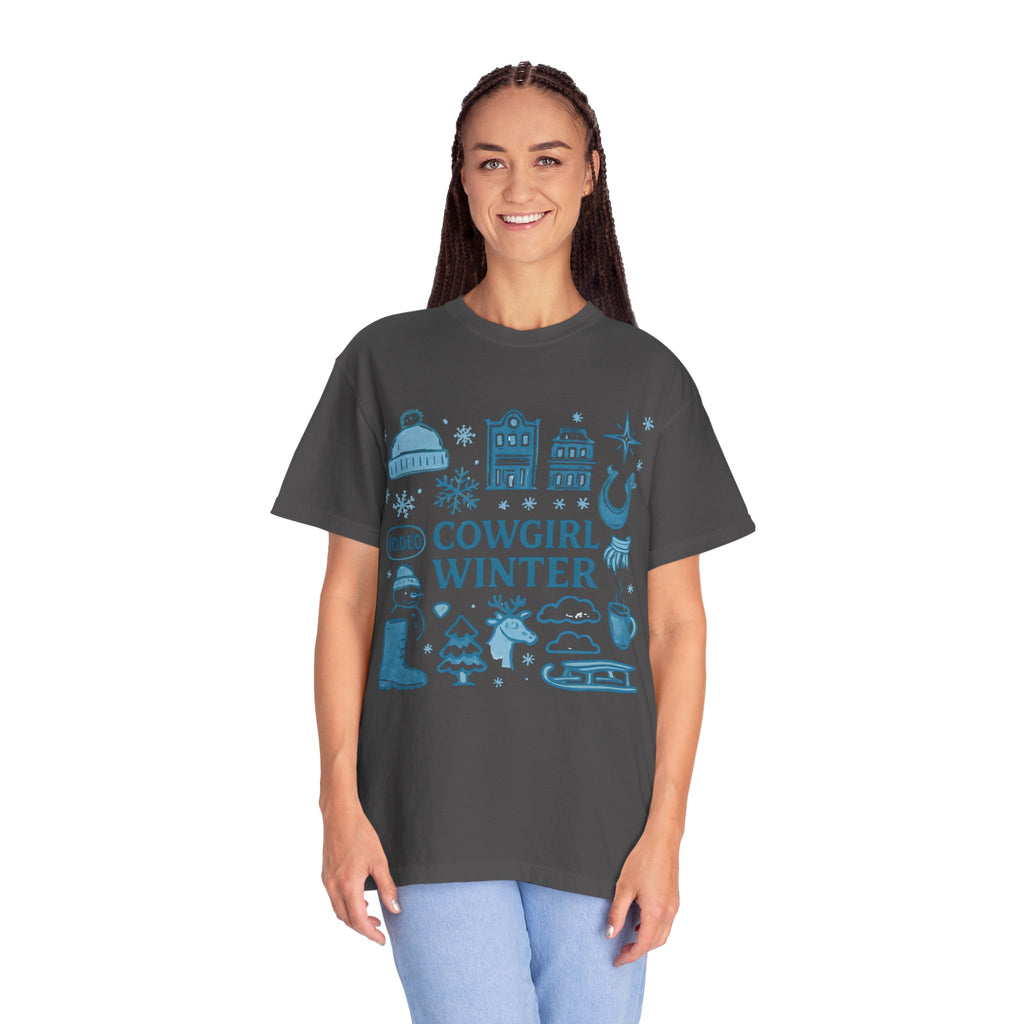Cowgirl Winter T-Shirt, Cozy Graphic Tee, Rodeo Style Shirt, Winter Outing Apparel, Gift for Cowgirls, Vintage Aesthetic Tee