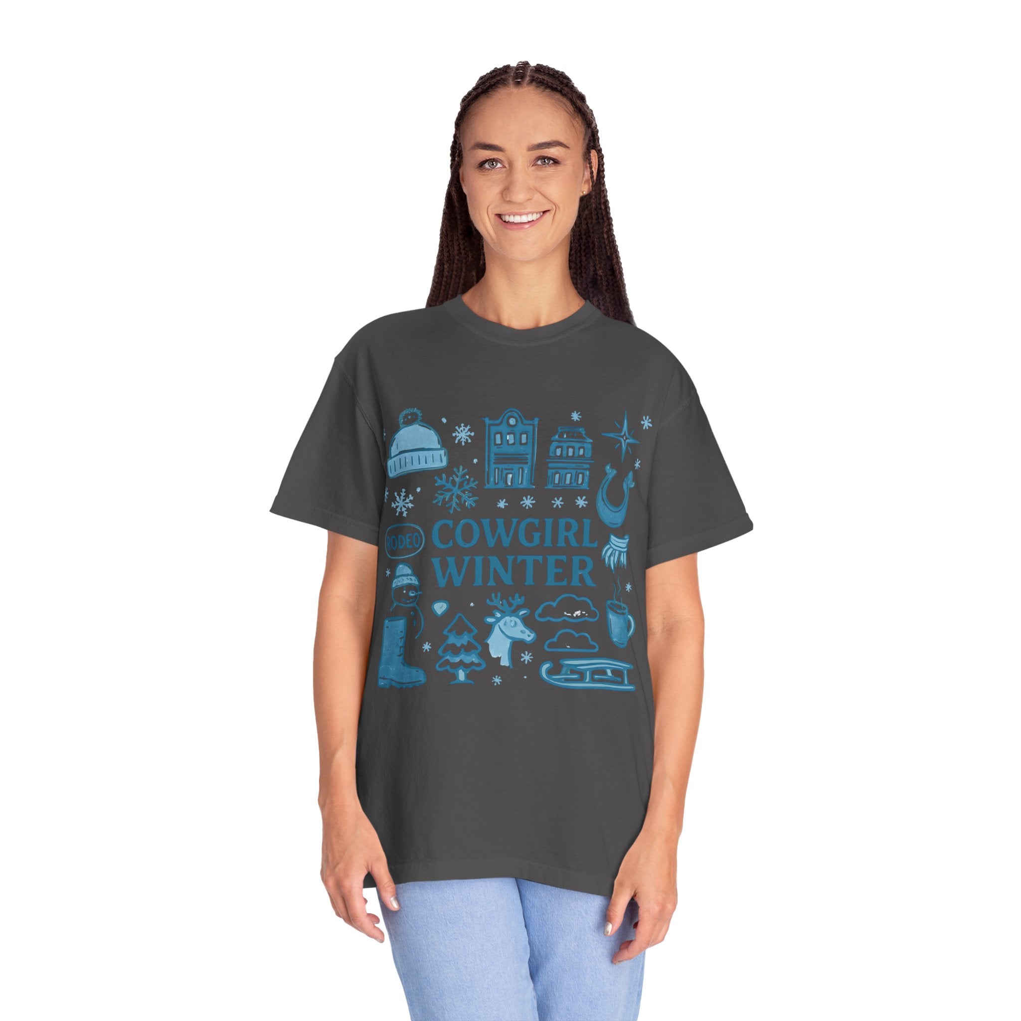 Cowgirl Winter T-Shirt, Cozy Graphic Tee, Rodeo Style Shirt, Winter Outing Apparel, Gift for Cowgirls, Vintage Aesthetic Tee