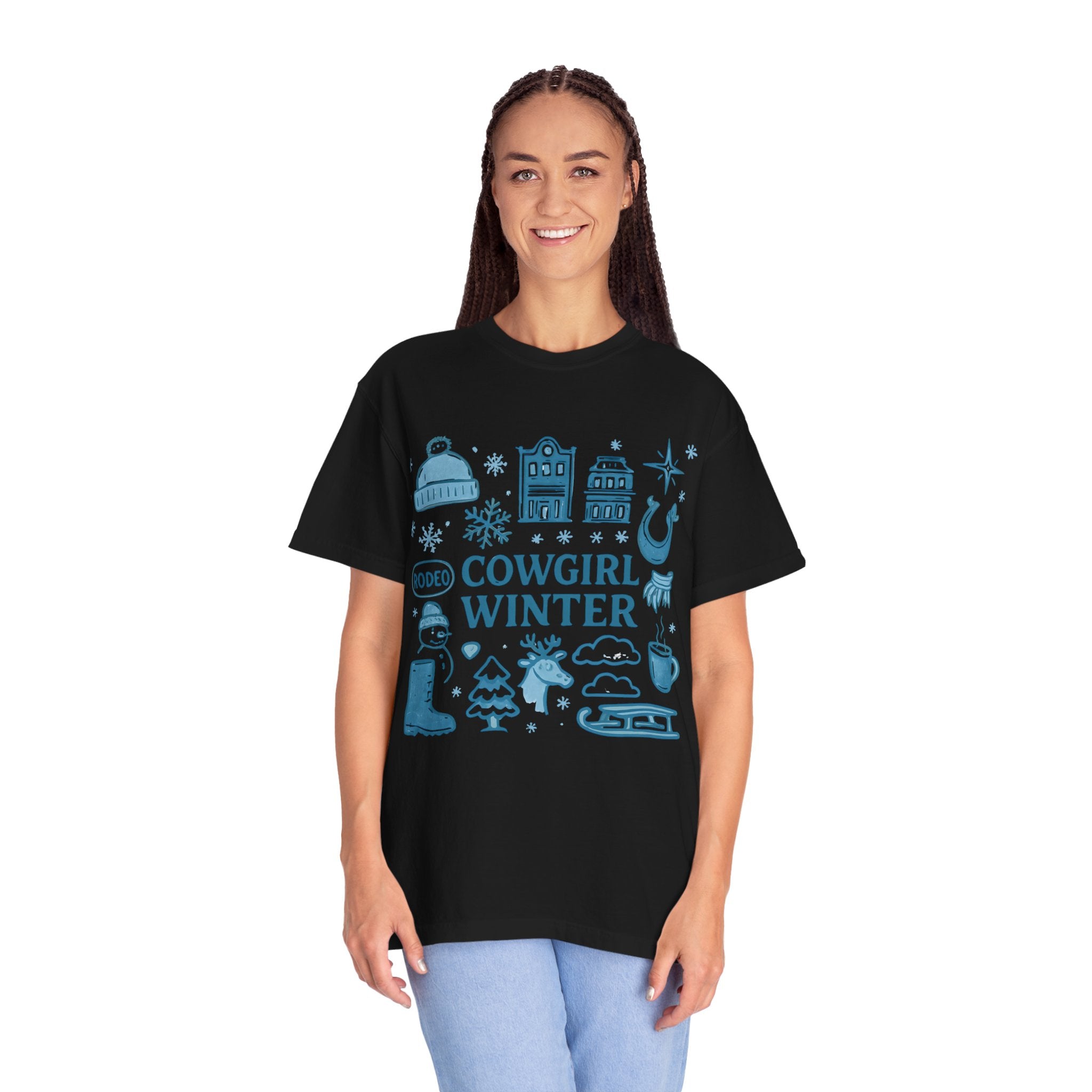 Cowgirl Winter T-Shirt, Cozy Graphic Tee, Rodeo Style Shirt, Winter Outing Apparel, Gift for Cowgirls, Vintage Aesthetic Tee